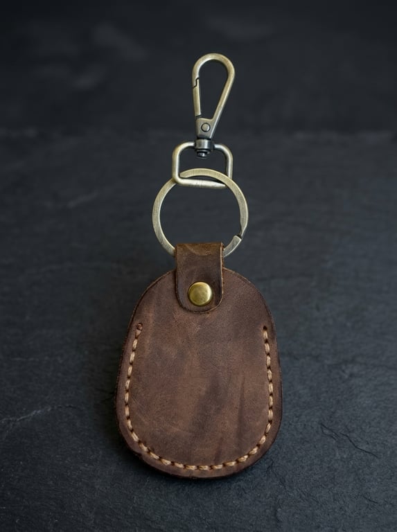 Rustic Brown Full Grain Leather Shield Key Fob Snap Hook Clasp UK