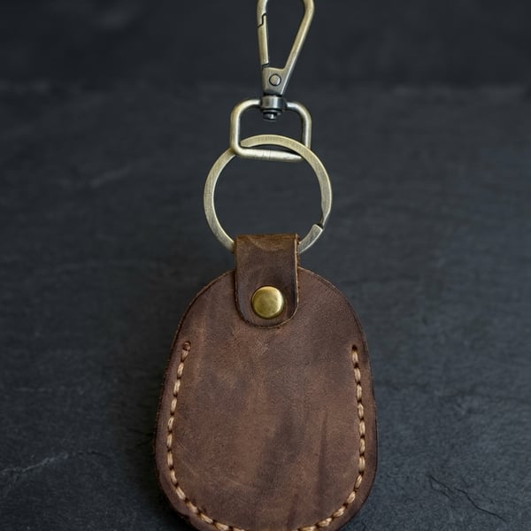Rustic Brown Full Grain Leather Shield Key Fob Snap Hook Clasp UK