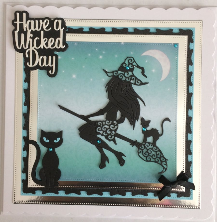 Pagan Halloween Card Have a Wicked Day Sexy Witch Cats 3D Luxury Blue 5