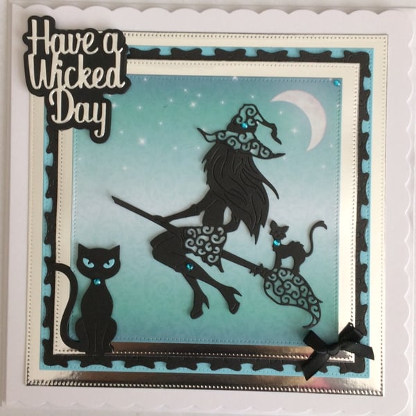 Pagan Halloween Card Have a Wicked Day Sexy Witch Cats 3D Luxury Blue 5