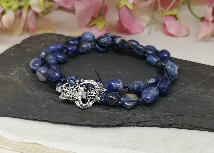 Sodalite wrap bracelet with dragonfly clasp, short necklace