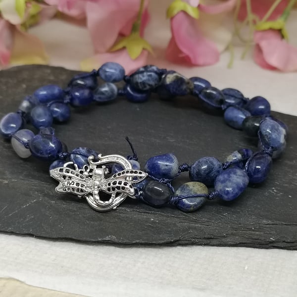 Sodalite wrap bracelet with dragonfly clasp, short necklace