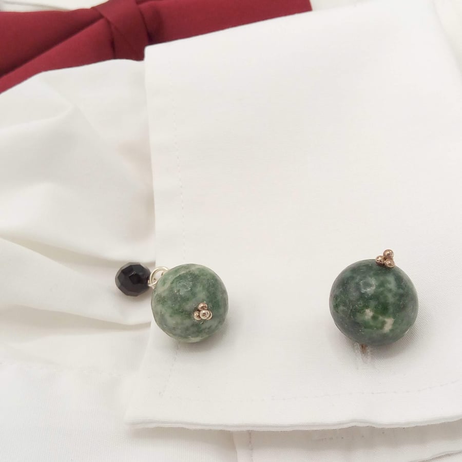 Green Jade Beaded Men's Cufflinks, Men's Beaded Cufflinks