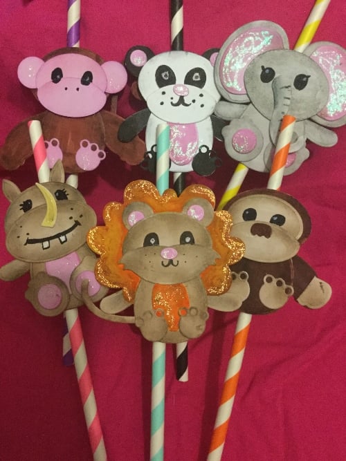 Kids Zoo Animal Paper Straws Set of 6, Hippo, Panda, Monkey Lion Elephant Rhino