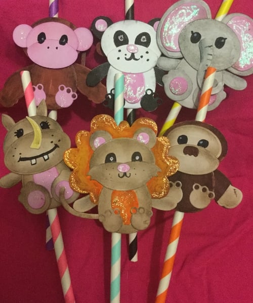 Kids Zoo Animal Paper Straws Set of 6, Hippo, Panda, Monkey Lion Elephant Rhino