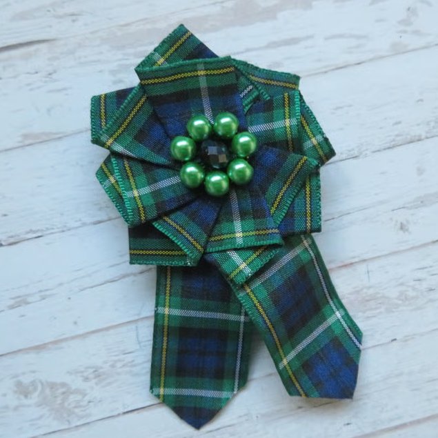 Campbell Green Tartan Ruffle Rosette Mini Brooch Pin Scottish Burns Night 