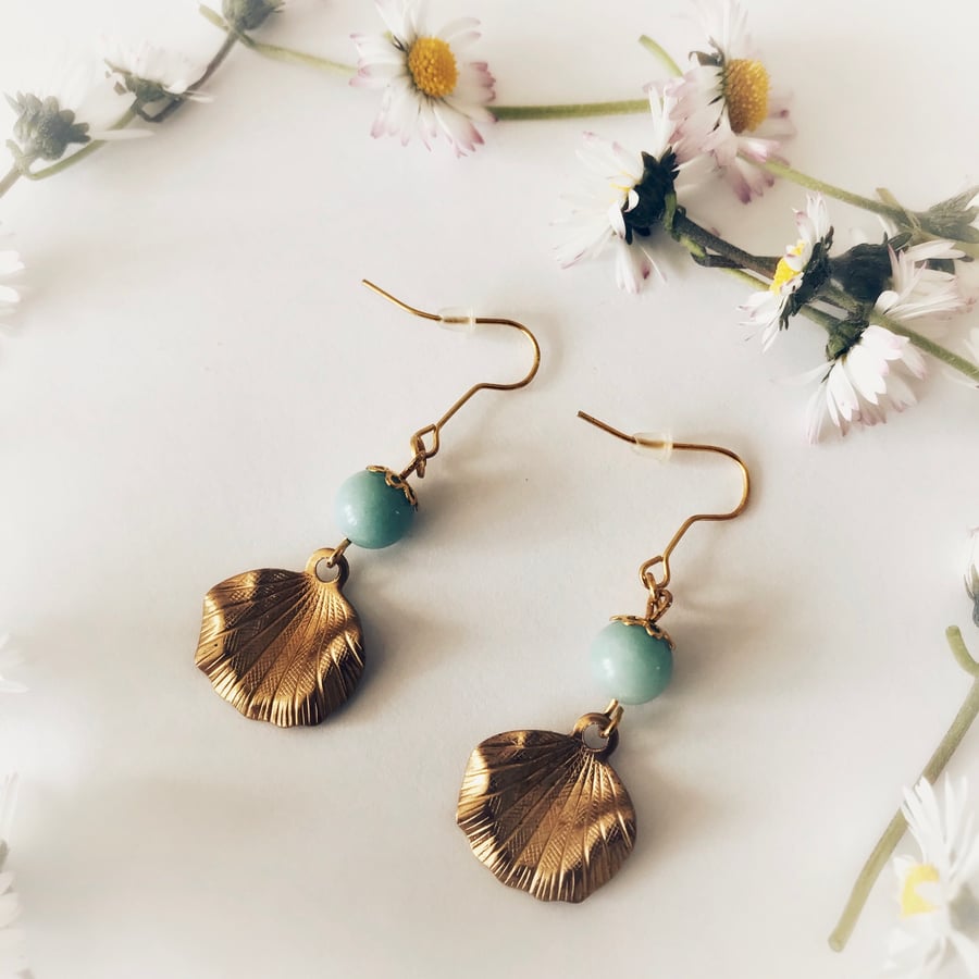  Gold leaf & pale blue glass bead earrings  
