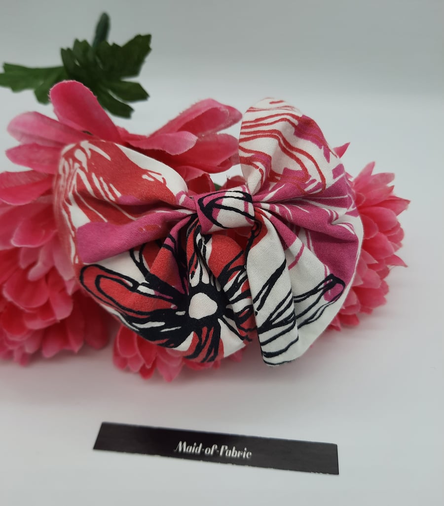 Hair bobble bow in pink white and black floral upcycled fabric. 3 for 2 offer.  