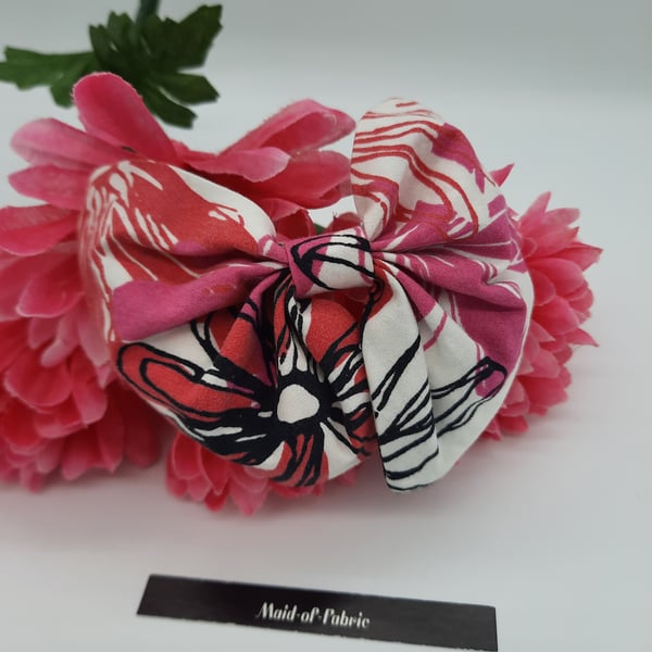 Hair bobble bow in pink white and black floral upcycled fabric. 3 for 2 offer.  