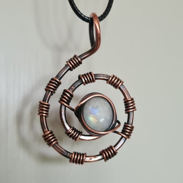 Handmade Mens Womens Natural Rainbow Moonstone & Copper Pendant Amulet Gift