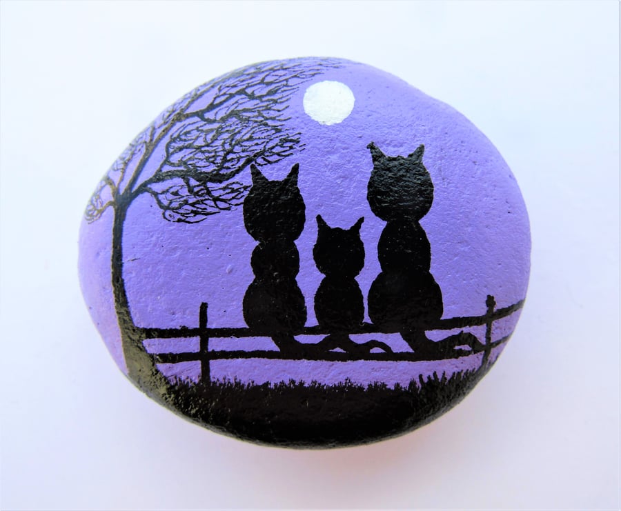 Painted Rock, Three Cats Tree Moon, Stone Painting, Pebble Art, Kitten Kids Gift