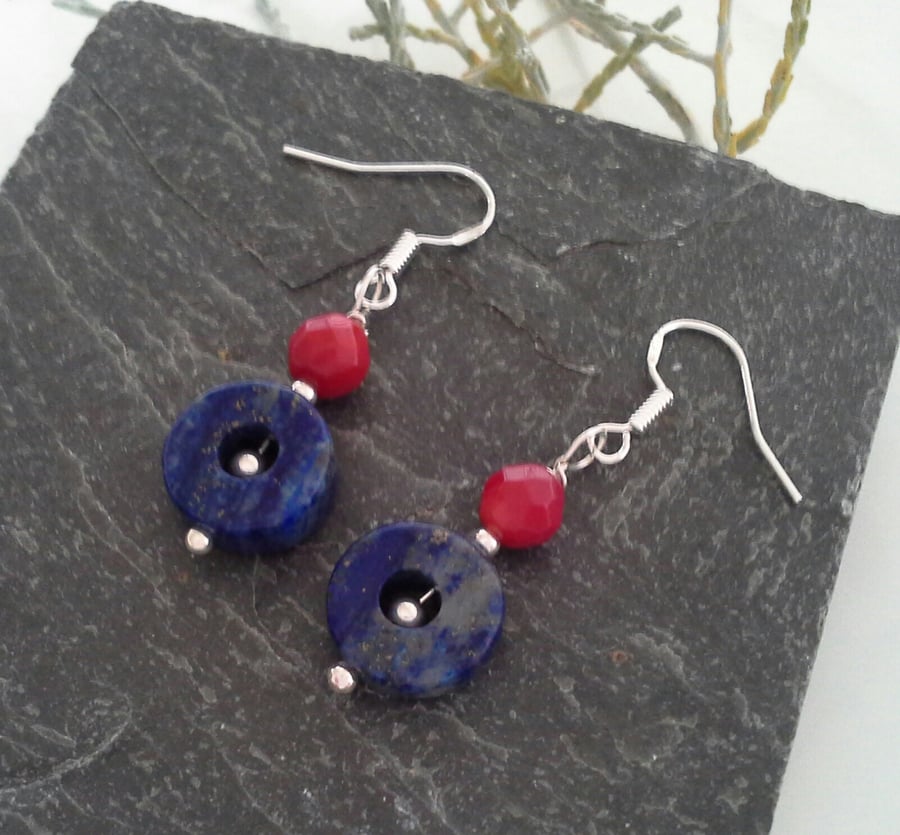Eco Reclaimed Coral & Lapis Lazuli Sterling Silver Drop Earrings