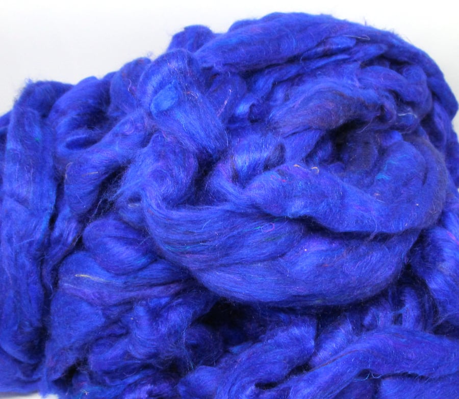 Recycled Carded Sari Silk Fibres - Royal Blue 50g