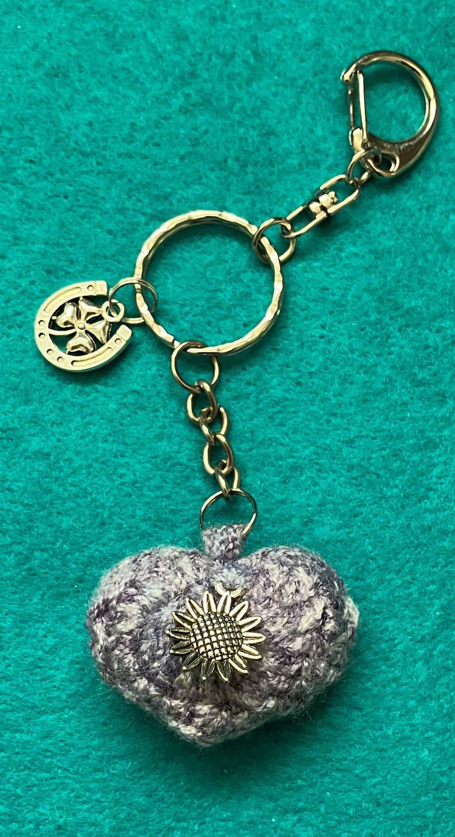 Crochet heart keyring and bag clip in shades of blue grey