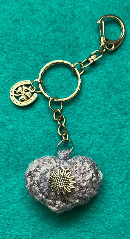Crochet heart keyring and bag clip in shades of blue grey