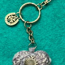 Crochet heart keyring and bag clip in shades of blue grey