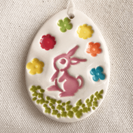 Pottery Easter Egg decoration with bunny and flowers