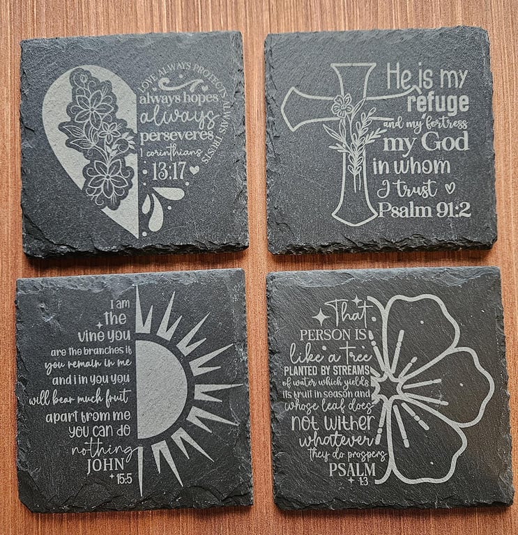 Engraved Slate Coasters Set of 4 - Inspirational Bible Verses 10x10cm Handmade G