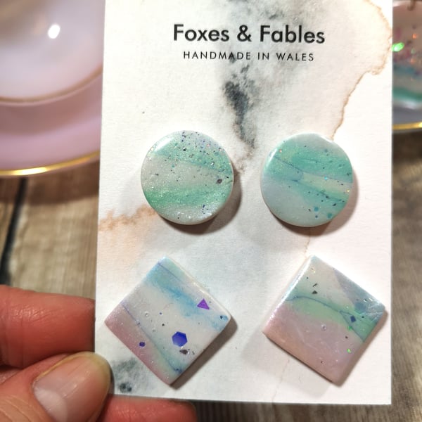 Square and round mermaid studs