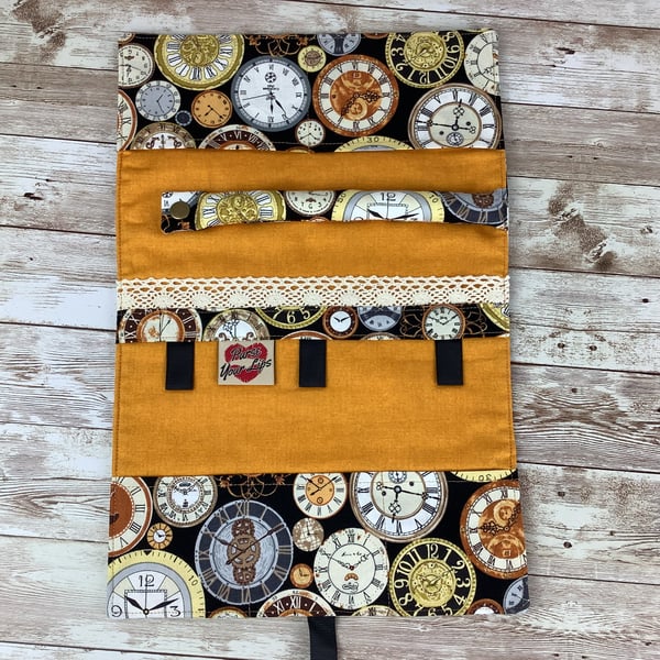 Clocks Jewellery roll, Steampunk Jewellery wrap, Travel organiser, handmade