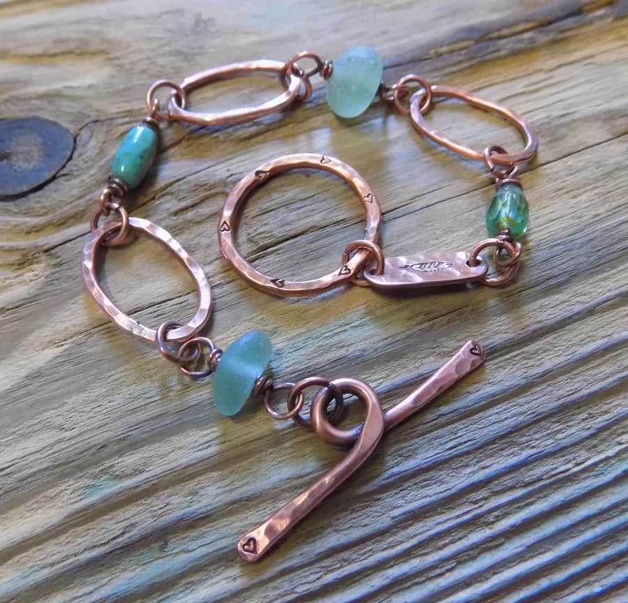 Organic copper, sea glass and czech bead bracelet 