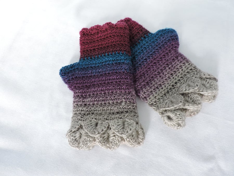 Fingerless Mitts with Dragon Scale Cuffs  Purple Teal Magenta Grey