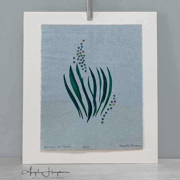 Original Silk Screen Artwork Print on Blue Hand Made Paper - Leaves of Grass
