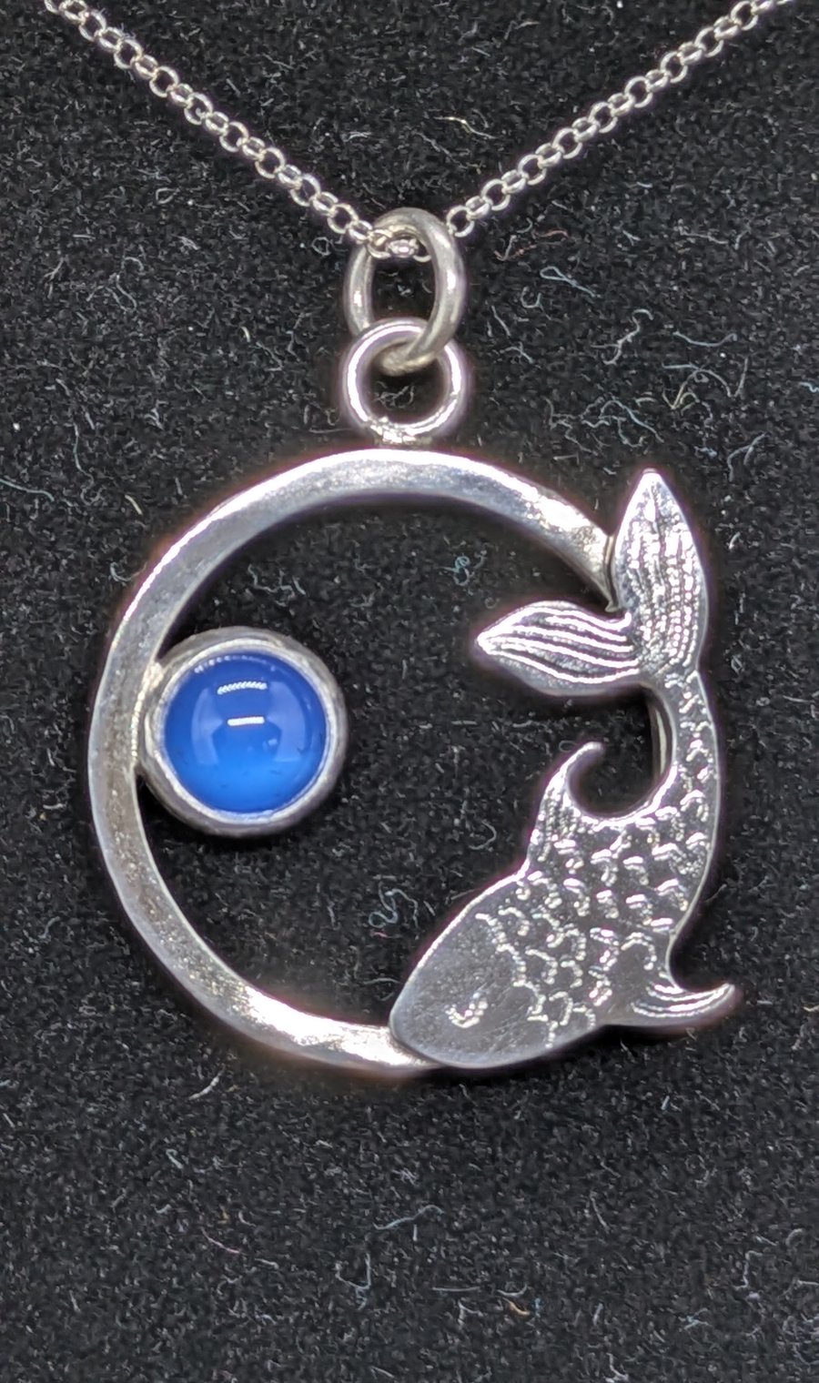 Fish pendant, Sterling silver fish necklace, Blue agate 