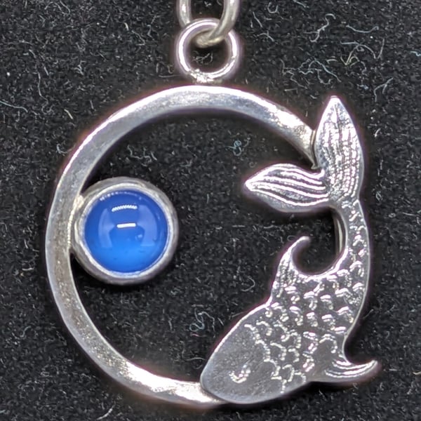 Fish pendant, Sterling silver fish necklace, Blue agate 