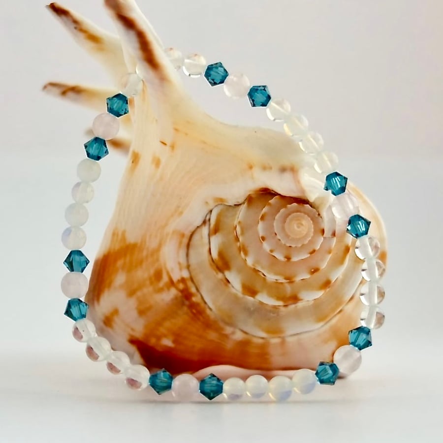 Opal Quartz, Rose Quartz and Swarovski Crystal Bracelet - Free UK Delivery.