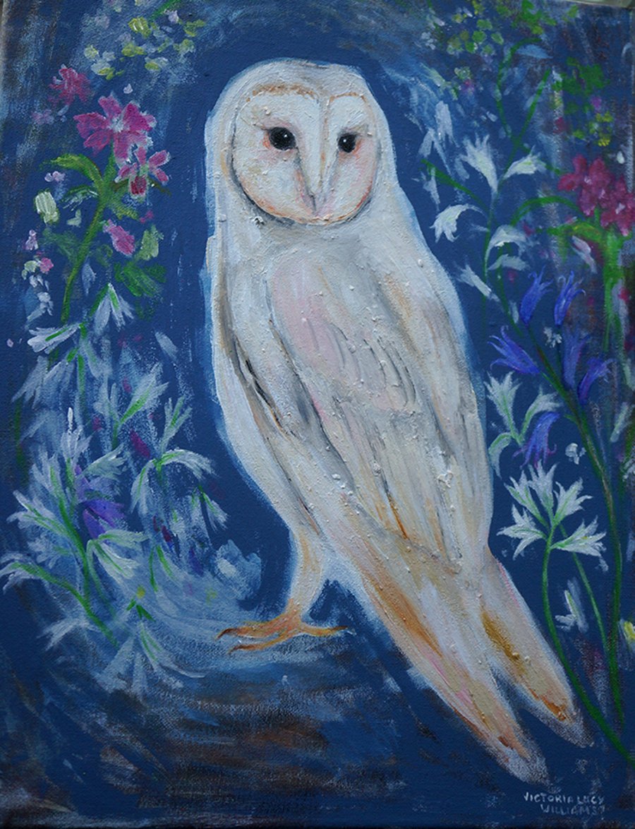 White Owl and Spring Flowers Original Painting