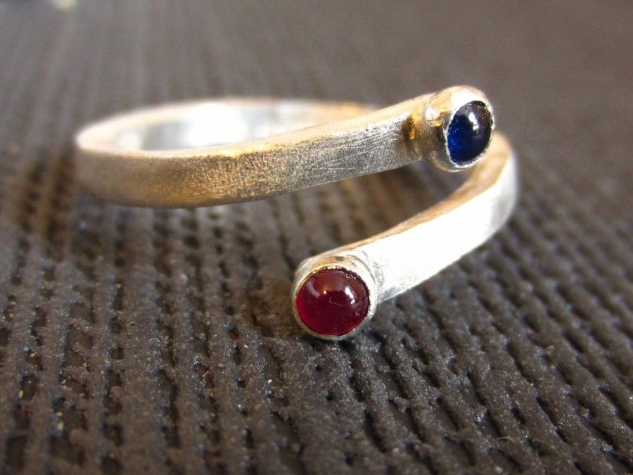 Ruby and sapphire Ring in brushed sterling silver, September birthstone, alterna