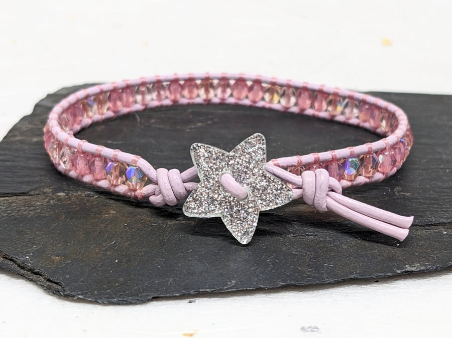 Christmas pink leather and Czech glass bead bracelet with glittery star button