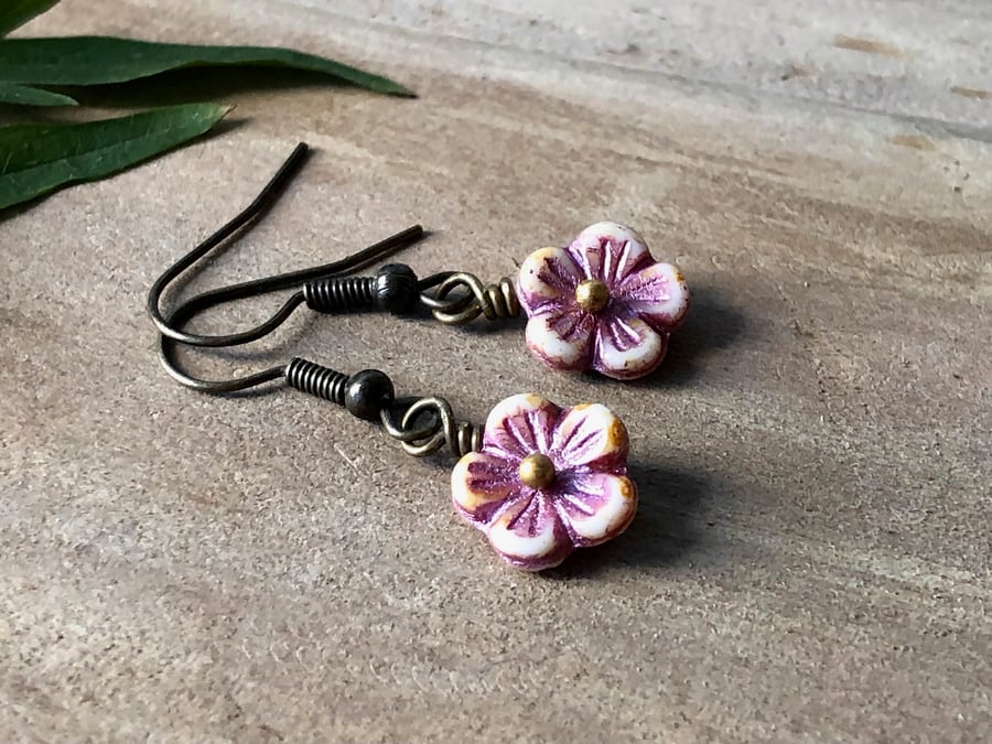 Small Pink Purple Czech Glass Flower Earrings DELICATE Dangly Boho Bead Floral 