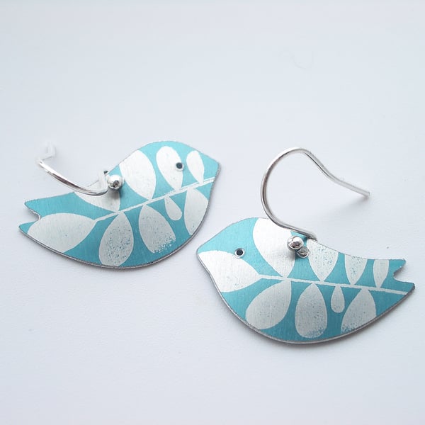 Bird earrings with leaf print in blue and silver