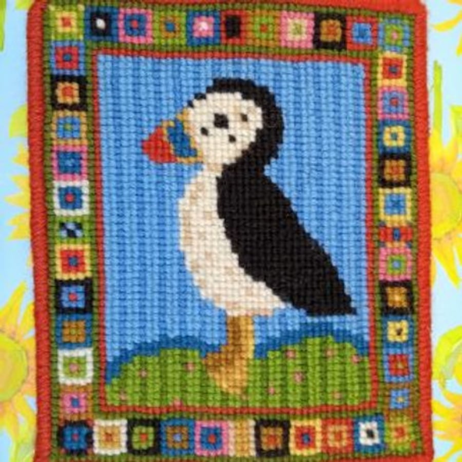 Puffin Tile Tapestry Kit, Counted Cross-stitch, Needlepoint 