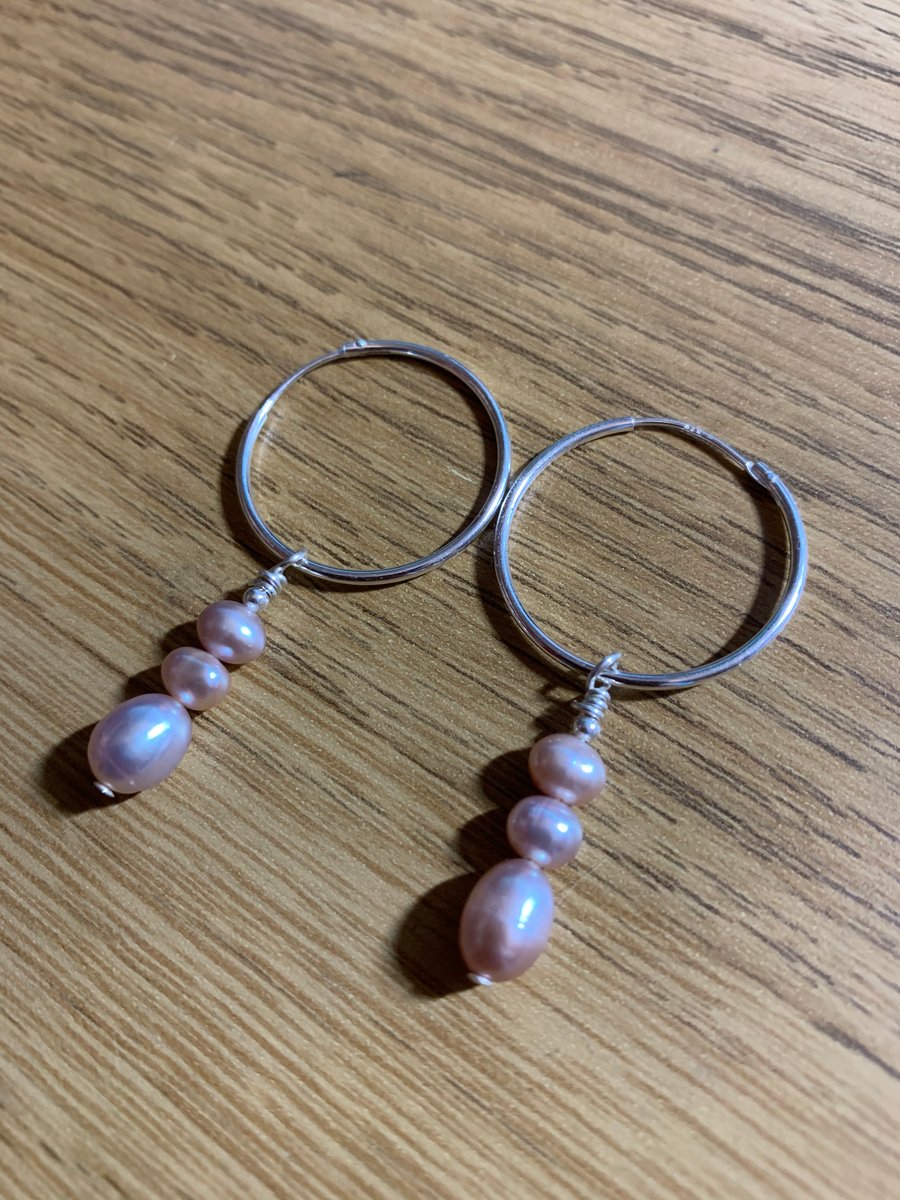 Pale Pink Freshwater Pearl and Sterling Silver hoop earrings 