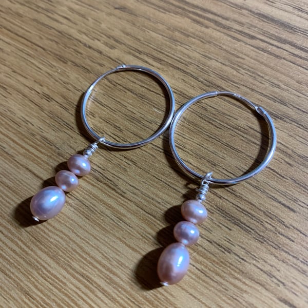 Pale Pink Freshwater Pearl and Sterling Silver hoop earrings 