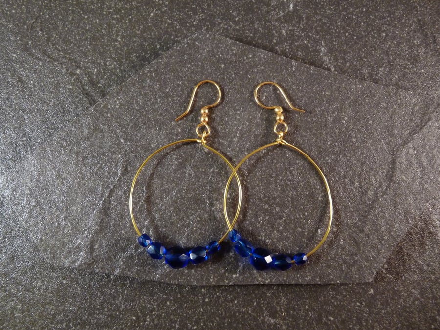 Large Round Hoop Earrings - Midnight Blue Faceted Glass - 40mm - Gold Colour