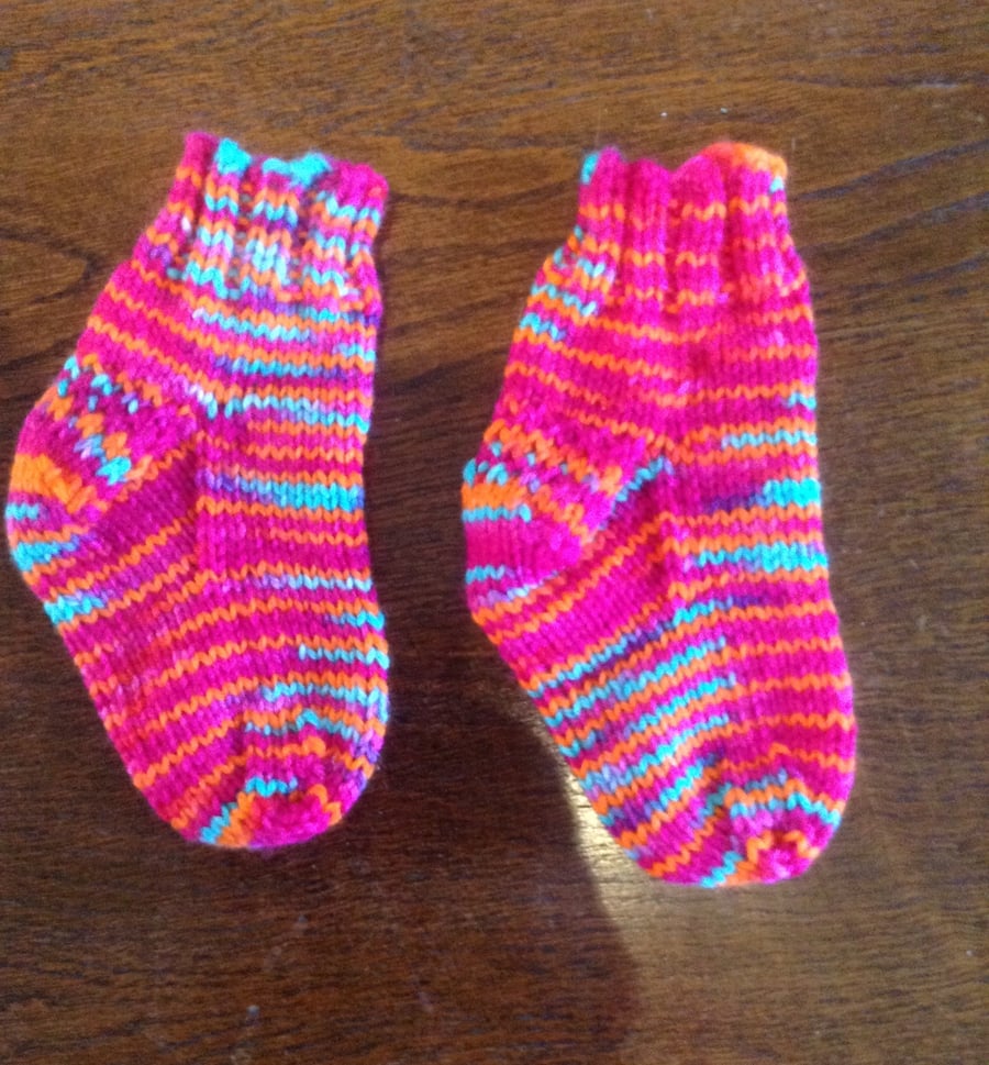 Hot Pink, Orange, Electric Blue Baby Socks Hand Knit