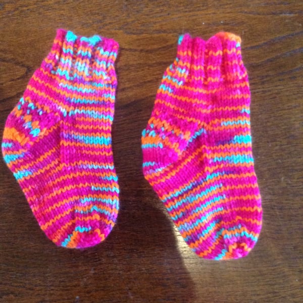 Hot Pink, Orange, Electric Blue Baby Socks Hand Knit