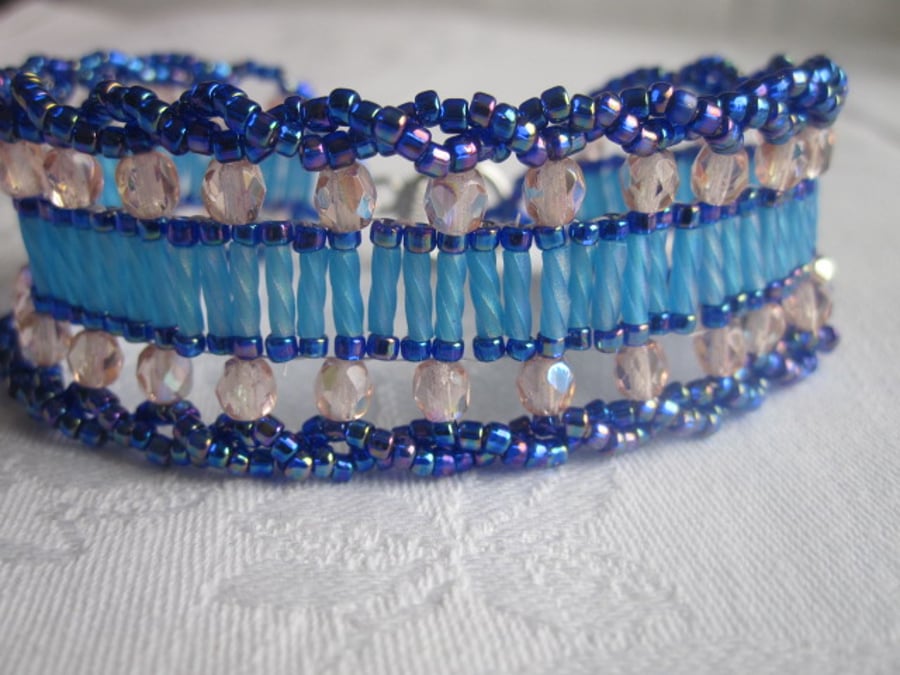A Blue and Peach Lacey Ladder Beadwork Bracelet - "Seconds Sunday"