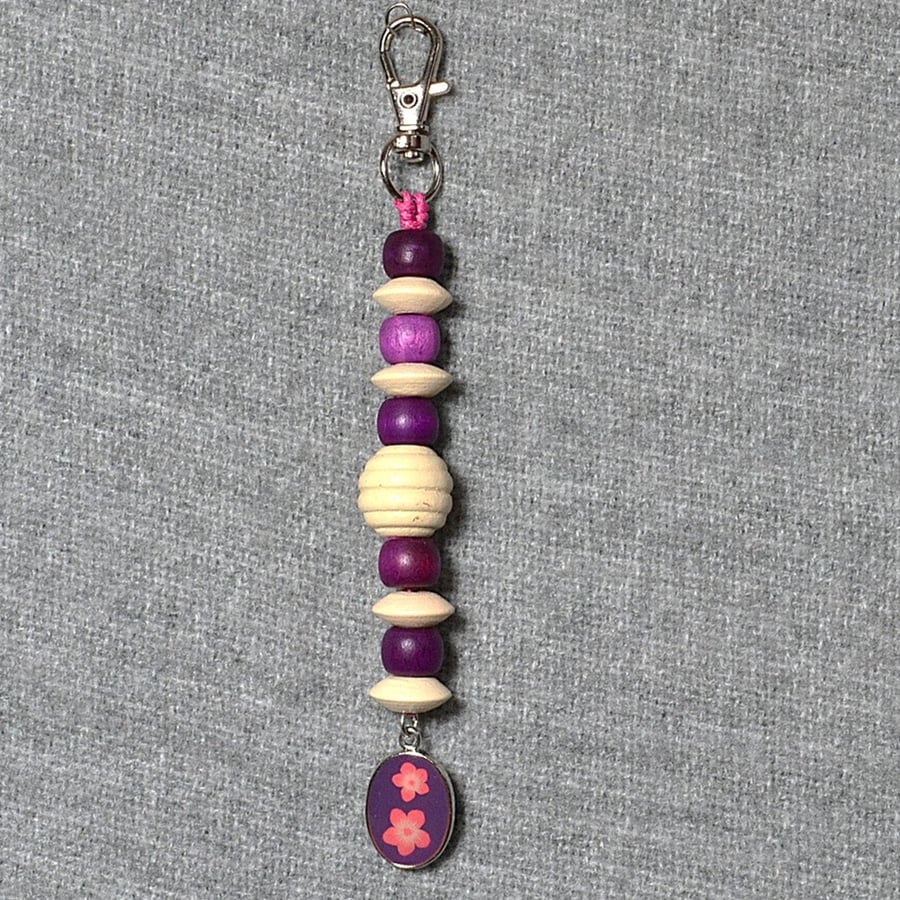 Bag Charm – Pink-Purple and Cream Wooden Beads and Flower Picture Charm