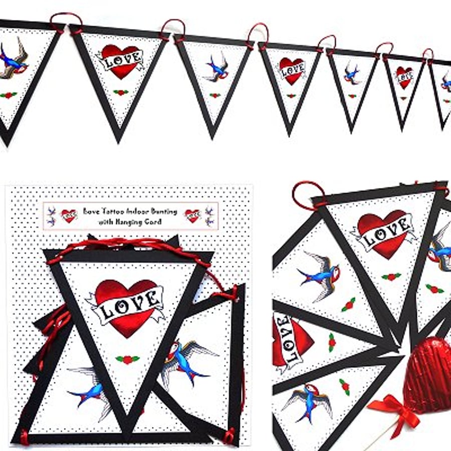 Indoor bunting - Love Tattoo with Hearts & Swallows