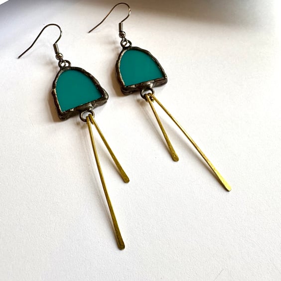 Deep marine blue stained glass earrings with hammered brass accents