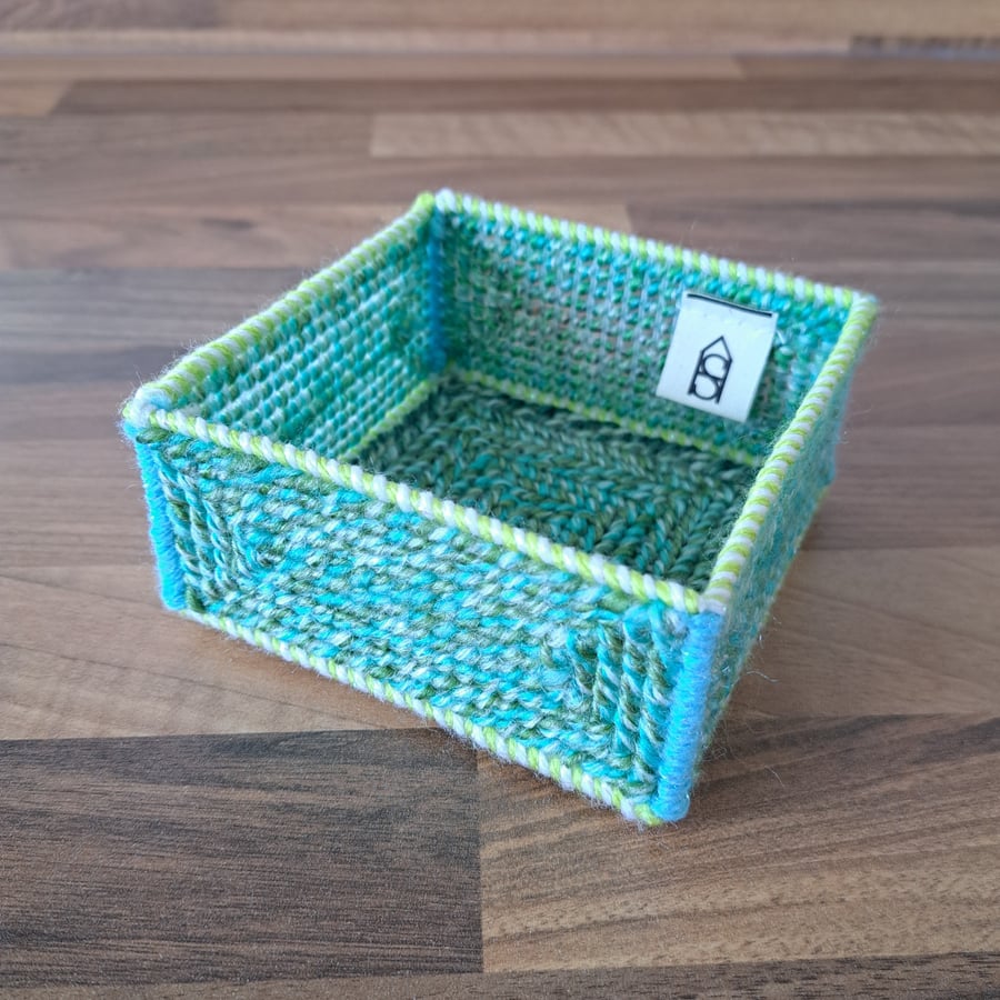 Container for small desk items - blue, green, white pattern
