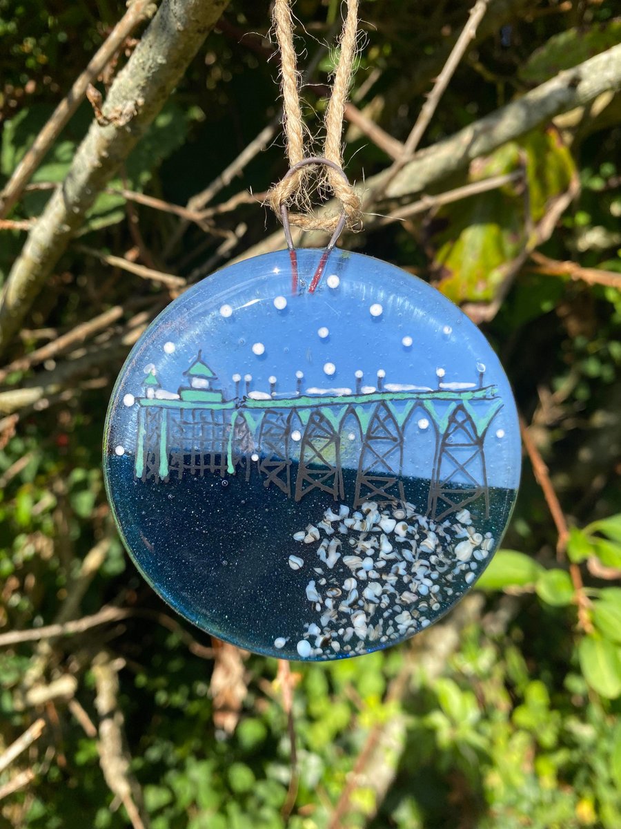 Fused Glass Hand painted Landmark Bauble, Clevedon Pier