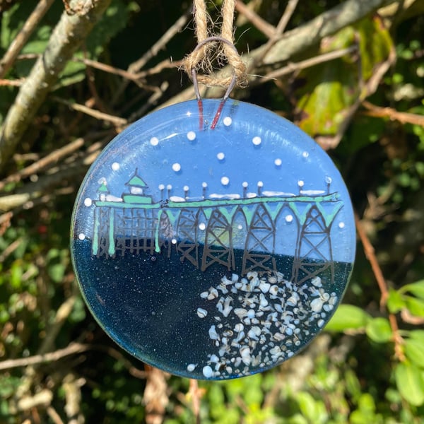 Fused Glass Hand painted Landmark Bauble, Clevedon Pier