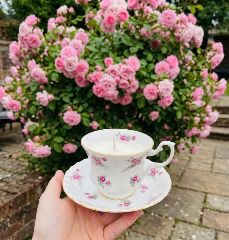 Rose Garden Tea Cup Candle with Saucer