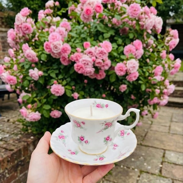 Rose Garden Tea Cup Candle with Saucer
